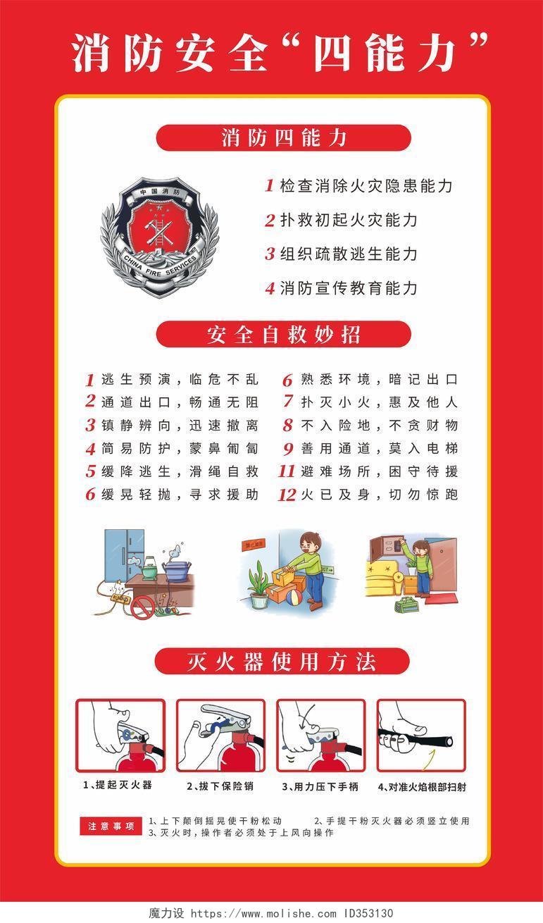 红色简约线条消防安全知识宣传海报套图消防安全四个能力建设